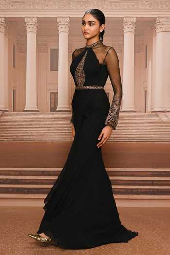 Shop_Tarun Tahiliani_Black Georgette, Tulle Keyhole Neck, Embroidered Bodice Sculpted Draped Dress _Online_at_Aza_Fashions