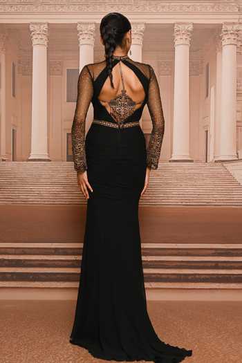 Shop_Tarun Tahiliani_Black Georgette, Tulle Keyhole Neck, Embroidered Bodice Sculpted Draped Dress _at_Aza_Fashions