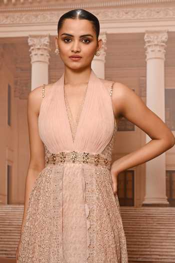Tarun Tahiliani_Pink Tulle Sequins, Stones Halter , Plunge Embellished Back Tie Gown _Online_at_Aza_Fashions