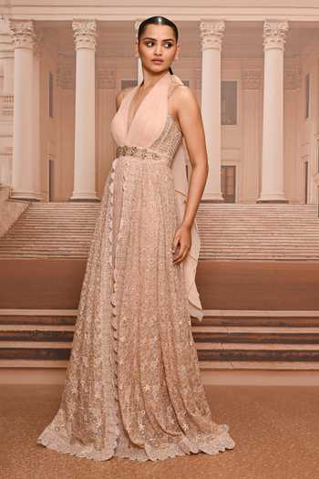 Shop_Tarun Tahiliani_Pink Tulle Sequins, Stones Halter , Plunge Embellished Back Tie Gown _Online_at_Aza_Fashions