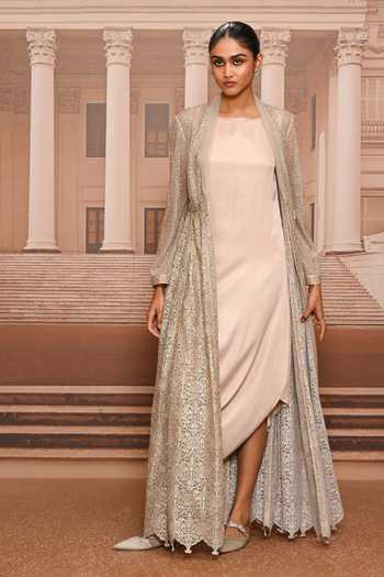 Buy_Tarun Tahiliani_Silver Tulle, Satin Shawl , Round Embroidered Jacket And Dress Set _at_Aza_Fashions