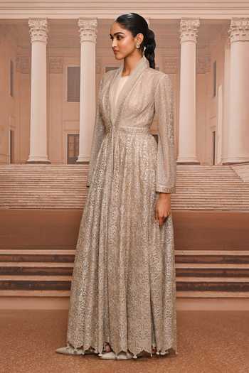 Shop_Tarun Tahiliani_Silver Tulle, Satin Shawl , Round Embroidered Jacket And Dress Set _Online_at_Aza_Fashions
