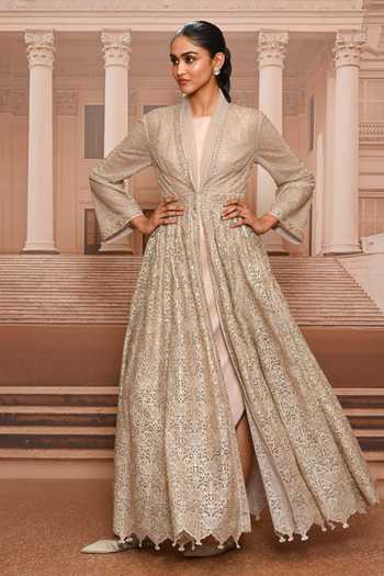 Tarun Tahiliani_Silver Tulle, Satin Shawl , Round Embroidered Jacket And Dress Set _at_Aza_Fashions