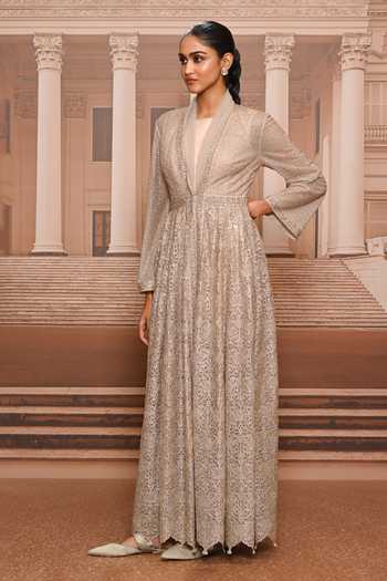 Buy_Tarun Tahiliani_Silver Tulle, Satin Shawl , Round Embroidered Jacket And Dress Set 