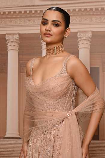 Tarun Tahiliani_Beige Tulle Embroidery, Sequins, Crystals Thread And Corset Lehenga Set _Online_at_Aza_Fashions