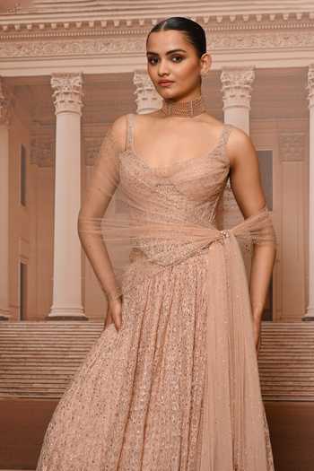Buy_Tarun Tahiliani_Beige Tulle Embroidery, Sequins, Crystals Thread And Corset Lehenga Set _Online_at_Aza_Fashions
