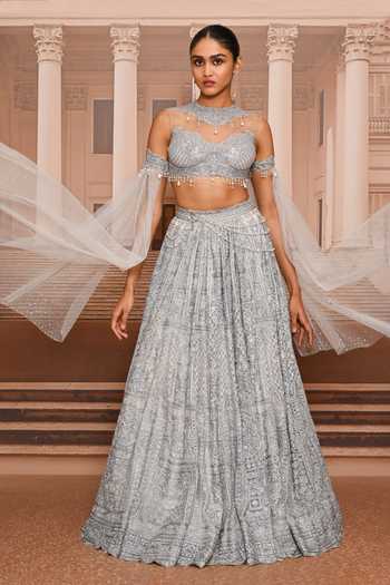 Buy_Tarun Tahiliani_Blue Tulle Sweetheart Neck Pearl Embroidered Blouse And Lehenga Set _Online_at_Aza_Fashions