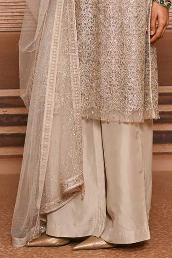 Tarun Tahiliani_Silver Tulle Round Neck, Yes Embroidered Straight Kurta Pant Set _Online_at_Aza_Fashions