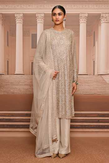 Buy_Tarun Tahiliani_Silver Tulle Round Neck, Yes Embroidered Straight Kurta Pant Set _Online_at_Aza_Fashions