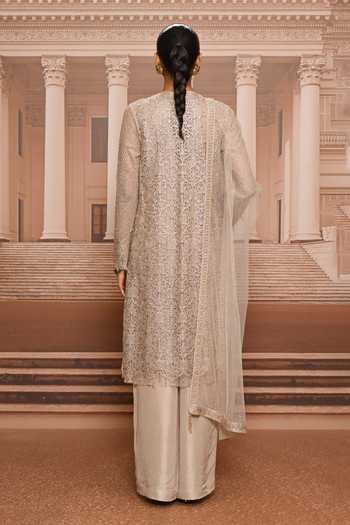 Shop_Tarun Tahiliani_Silver Tulle Round Neck, Yes Embroidered Straight Kurta Pant Set _at_Aza_Fashions