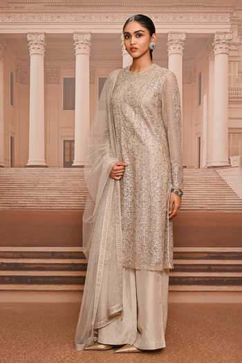 Tarun Tahiliani_Silver Tulle Round Neck, Yes Embroidered Straight Kurta Pant Set _at_Aza_Fashions