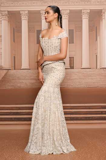 Buy_Tarun Tahiliani_Ivory Tulle Embroidery, Crystals, Lace Off-shoulder Skirt And Peplum Corset Set 