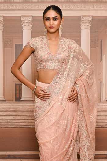 Tarun Tahiliani_Pink Lace Sweetheart Neck Embroidered Saree With Blouse _Online_at_Aza_Fashions