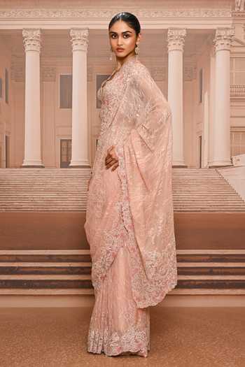 Buy_Tarun Tahiliani_Pink Lace Sweetheart Neck Embroidered Saree With Blouse _Online_at_Aza_Fashions
