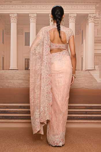 Shop_Tarun Tahiliani_Pink Lace Sweetheart Neck Embroidered Saree With Blouse _at_Aza_Fashions