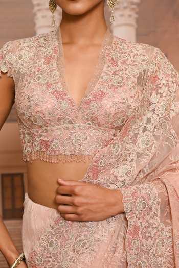 Tarun Tahiliani_Pink Lace Sweetheart Neck Embroidered Saree With Blouse _at_Aza_Fashions