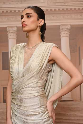 Buy_Tarun Tahiliani_Ivory Pearl Embroidered Draped Dhoti Jumpsuit _Online_at_Aza_Fashions