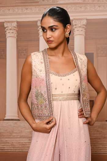 Buy_Tarun Tahiliani_Pink Georgette Open Neck Pichwai Jumpsuit And Gillet Set _Online_at_Aza_Fashions