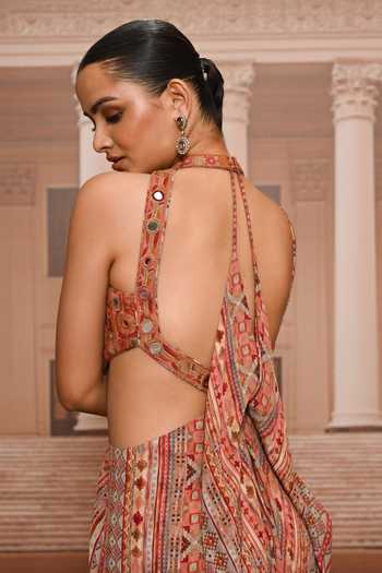 Buy_Tarun Tahiliani_Orange Crepe Halter Neck Hand Embroidered Draped Dress _Online_at_Aza_Fashions