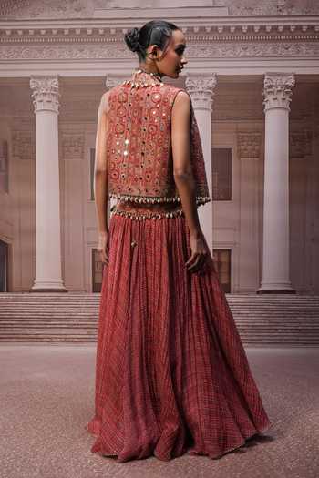 Shop_Tarun Tahiliani_Rust Sweetheart , Open Hand Embroidered Gilet And Lehenga Set _Online_at_Aza_Fashions