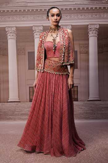 Buy_Tarun Tahiliani_Rust Sweetheart , Open Hand Embroidered Gilet And Lehenga Set 