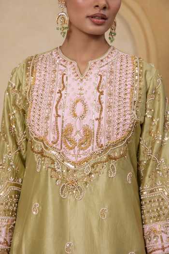 Shop_Nitisha Kashyap_Pink Silk, Organza, Georgette Split Saanjh Contrast Yoke Kurta And Sharara Set _Online_at_Aza_Fashions