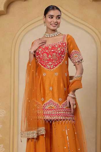 Nitisha Kashyap_Red Silk, Georgette, Net Square Neck, Yes Noor Embroidered Kurta And Sharara Set _Online_at_Aza_Fashions