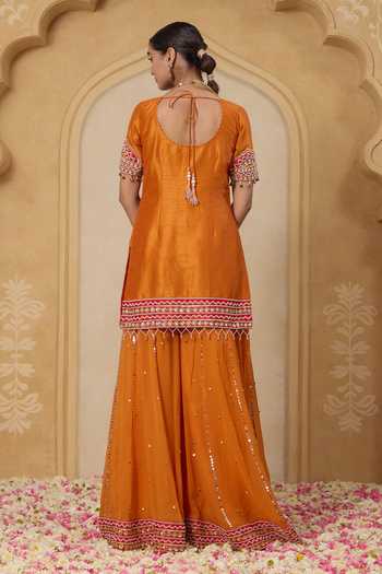 Shop_Nitisha Kashyap_Red Silk, Georgette, Net Square Neck, Yes Noor Embroidered Kurta And Sharara Set _at_Aza_Fashions