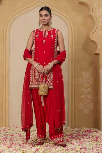 Shop_Nitisha Kashyap_Red Silk, Organza Round Neck Gulnaar Embroidered Kurta Salwar Set _at_Aza_Fashions