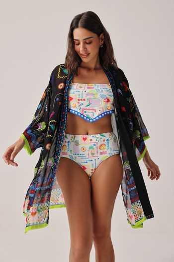 Buy_NOIB_Black Viscose Georgette Open Neck Sia Seascape Kimono Coverup _Online_at_Aza_Fashions