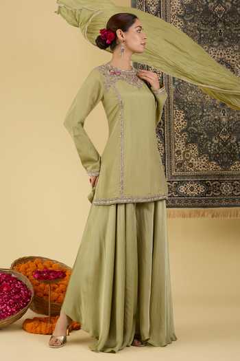 Buy_BAIDEHI_Olive Green Silk, Crepe Round Neck Placed Embellished Kurta Set _at_Aza_Fashions