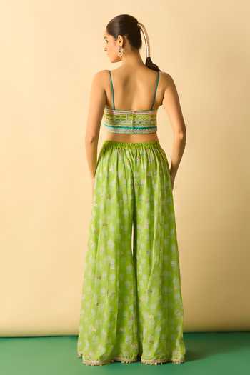 Gopi Vaid_Lime Georgette, Polyester Sweetheart Dharika Flared Brocade Cape And Sharara Set _at_Aza_Fashions