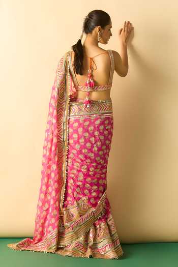 Shop_Gopi Vaid_Pink Georgette V-neck Jasleen Print Saree With Embroidered Blouse _at_Aza_Fashions