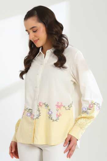 Buy_DAREISS_Beige Silk, Linen Collared Neck Sunlit Shirt _Online_at_Aza_Fashions