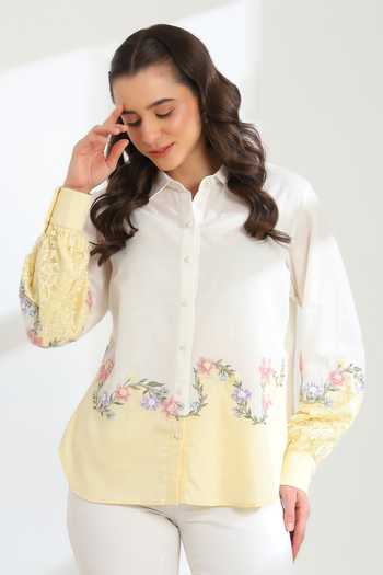 Buy_DAREISS_Beige Silk, Linen Collared Neck Sunlit Shirt _at_Aza_Fashions