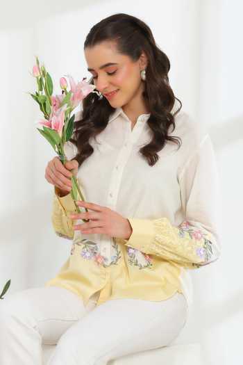 DAREISS_Beige Silk, Linen Collared Neck Sunlit Shirt _at_Aza_Fashions