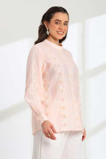 Buy_DAREISS_Pink Silk, Cotton Mandarin Collar Elan Hand Embroidered Top _Online_at_Aza_Fashions