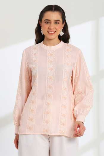 Buy_DAREISS_Pink Silk, Cotton Mandarin Collar Elan Hand Embroidered Top _at_Aza_Fashions