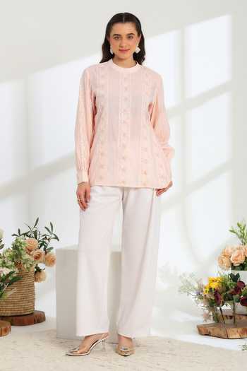 Shop_DAREISS_Pink Silk, Cotton Mandarin Collar Elan Hand Embroidered Top _Online_at_Aza_Fashions
