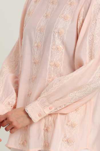 Buy_DAREISS_Pink Silk, Cotton Mandarin Collar Elan Hand Embroidered Top 