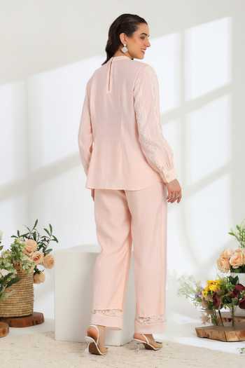 Shop_DAREISS_Pink Silk, Cotton Round Neck Elan Hand Embroidered Top And Pant Set _at_Aza_Fashions