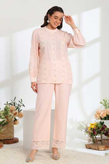 Buy_DAREISS_Pink Silk, Cotton Round Neck Elan Hand Embroidered Top And Pant Set _at_Aza_Fashions