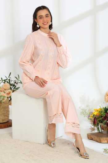 DAREISS_Pink Silk, Cotton Round Neck Elan Hand Embroidered Top And Pant Set _Online_at_Aza_Fashions
