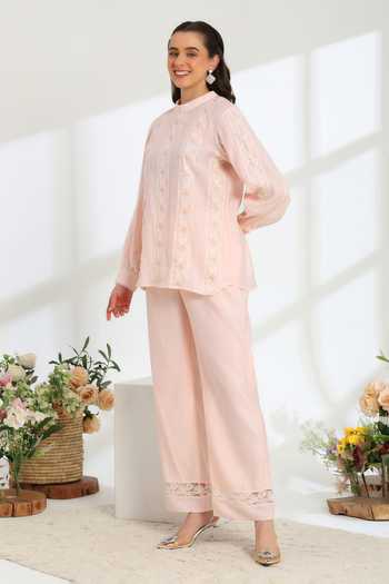 Buy_DAREISS_Pink Silk, Cotton Round Neck Elan Hand Embroidered Top And Pant Set _Online_at_Aza_Fashions