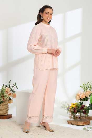 Shop_DAREISS_Pink Silk, Cotton Round Neck Elan Hand Embroidered Top And Pant Set _Online_at_Aza_Fashions