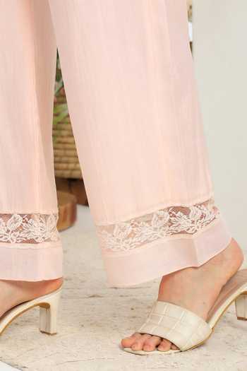 DAREISS_Pink Silk, Cotton Round Neck Elan Hand Embroidered Top And Pant Set _at_Aza_Fashions