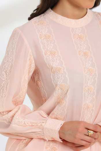 Buy_DAREISS_Pink Silk, Cotton Round Neck Elan Hand Embroidered Top And Pant Set 