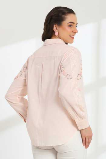 Shop_DAREISS_Pink Silk, Cotton Collared Neck Spring Hand Embroidered Shirt _at_Aza_Fashions