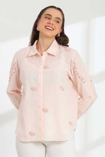 Buy_DAREISS_Pink Silk, Cotton Collared Neck Spring Hand Embroidered Shirt _at_Aza_Fashions