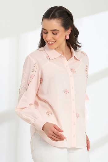 Shop_DAREISS_Pink Silk, Cotton Collared Neck Spring Hand Embroidered Shirt _Online_at_Aza_Fashions